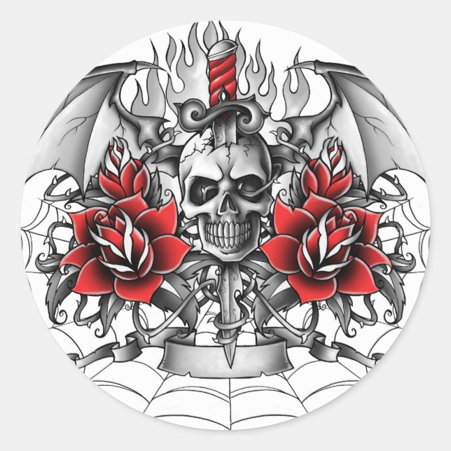 Skull n Dagger with Devil wings Classic Round Sticker (Front)