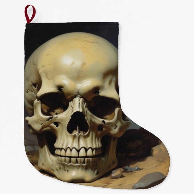 Skull Oil Painting Style Painting Illustration Large Christmas Stocking (Front)