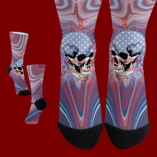 Skull on Abstract Red White & Blue Background Socks