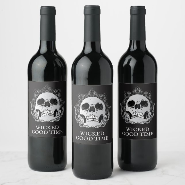 Skull on Black Halloween Wine Label (Bottles)