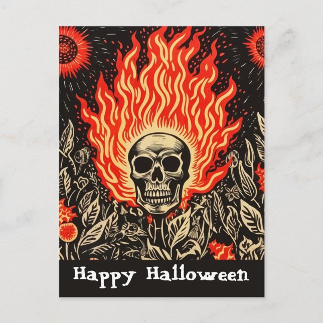 Skull on Fire Linocut Art Happy Halloween Postcard (Front)