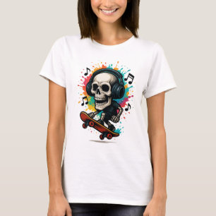 Skull on Skates with Headphones – Music & Colour S T-Shirt
