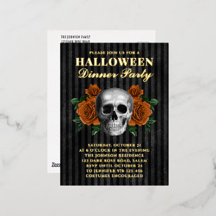 Skull Orange Roses Halloween Dinner Party Gold Foil Invitation Postcard