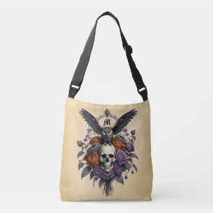 Skull Owl Purple and Copper Roses Crossbody Bag