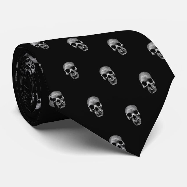 Skull Pattern - Black and White Tie (Rolled)