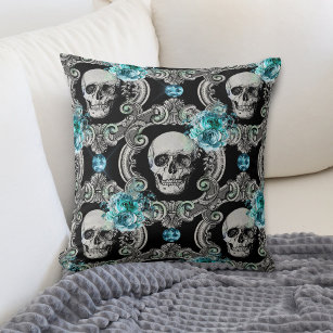 Skull Pattern Blue Floral Cushion