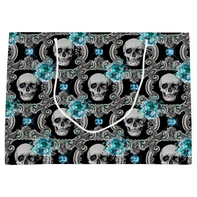 Skull Pattern Blue Floral Large Gift Bag (Front)