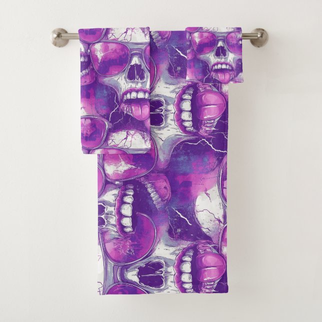 Skull Pattern Design with Purple Sunglasses Bath Towel Set (Insitu)