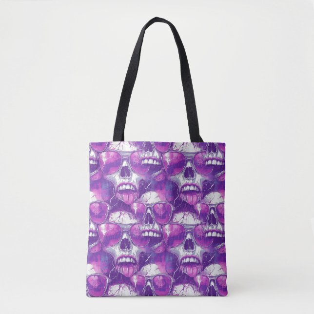 Skull Pattern Design with Purple Sunglasses Tote Bag (Front)