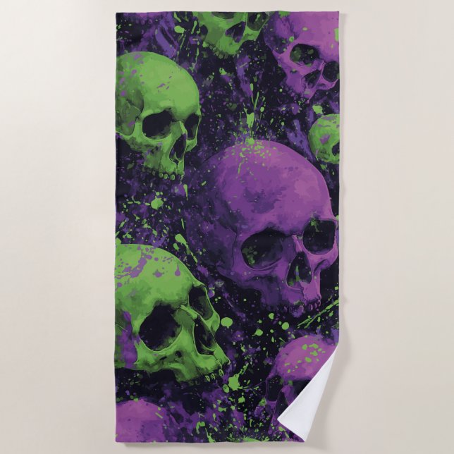 Skull Pattern in Green and Purple Grunge Style Beach Towel (Front)