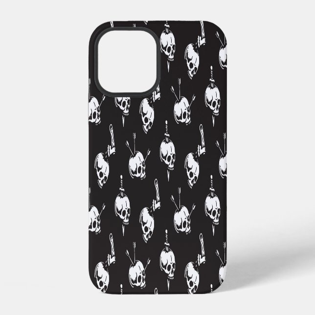 Skull Pattern with Weapons: Dark Background. iPhone Case (Back)