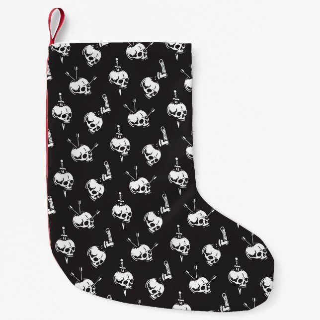 Skull Pattern with Weapons: Dark Background. Small Christmas Stocking (Front)