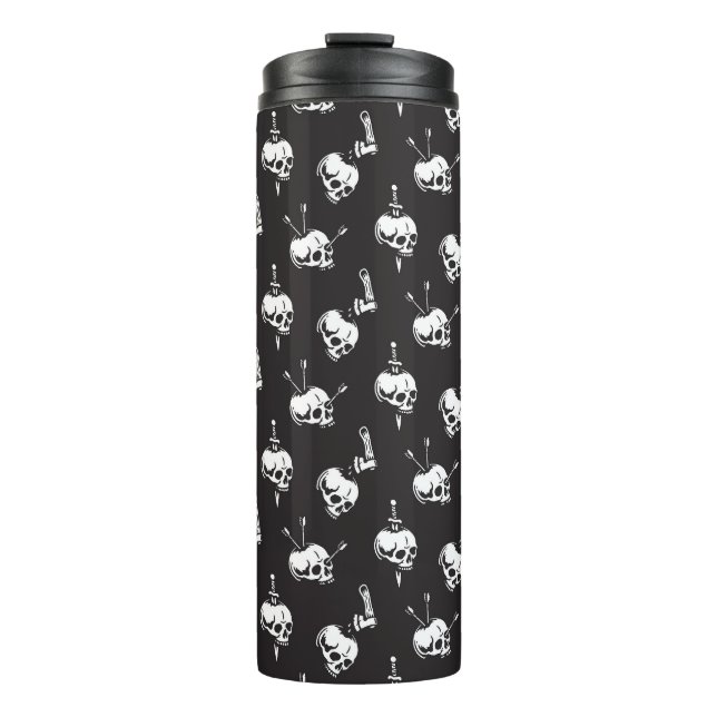 Skull Pattern with Weapons: Dark Background. Thermal Tumbler (Front)