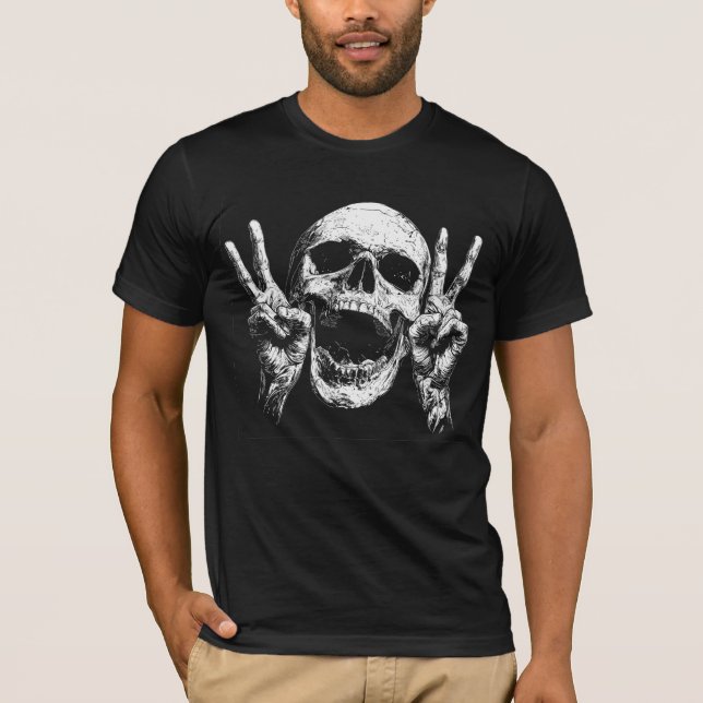 Skull Peace Hands, Dark Gothic Halloween T-Shirt (Front)