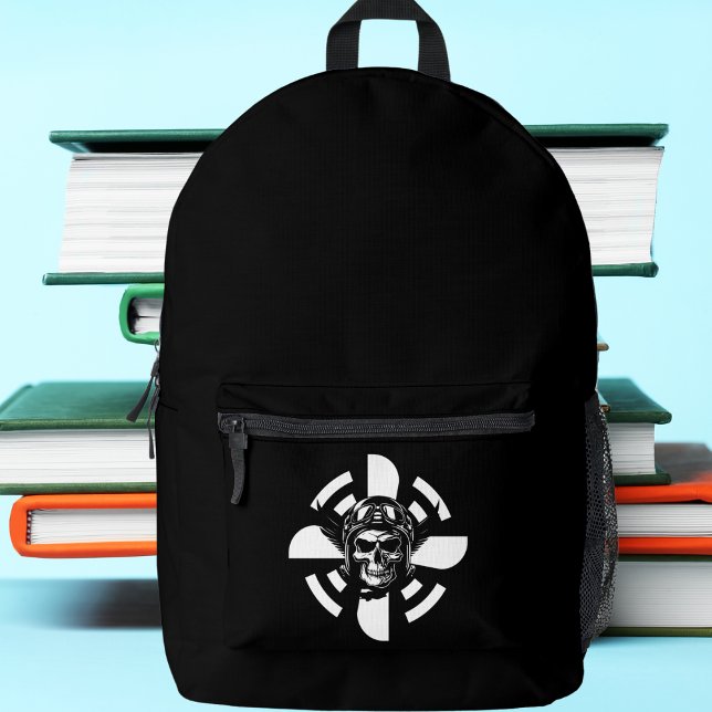 Skull Pilot & Aeroplane Propeller, Minimalist,Blac Printed Backpack (Creator Uploaded)