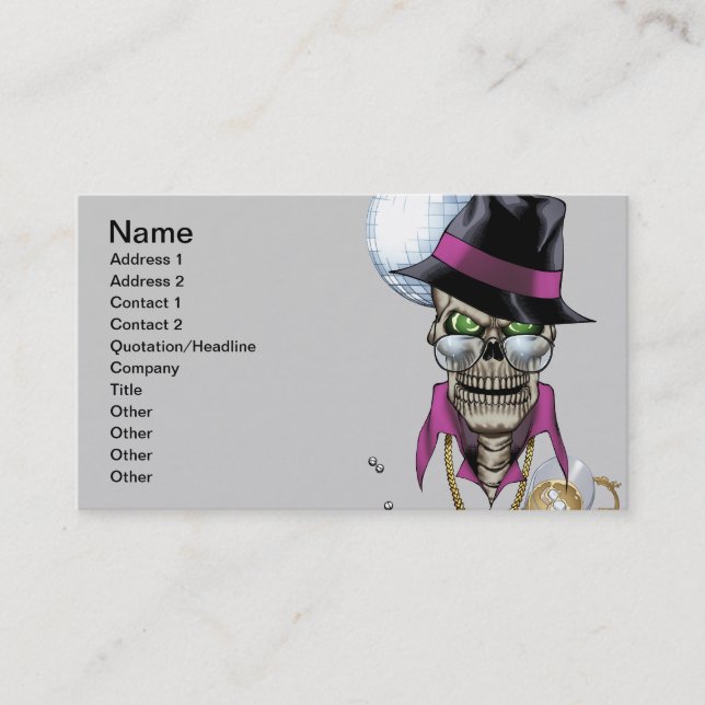 Skull Pimp with Hat, Glasses, Gold Chain and Disco Business Card (Front)