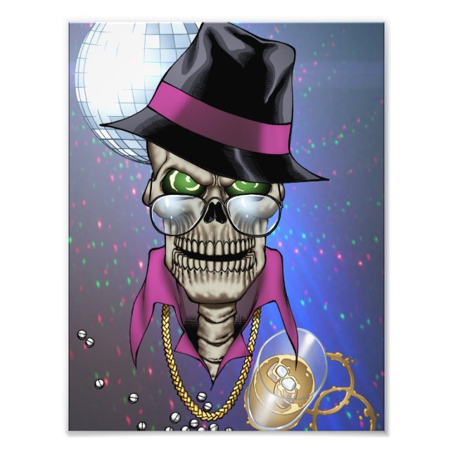 Skull Pimp with Hat, Glasses, Gold Chain and Disco Photo Print (Front)