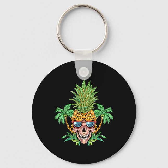 Skull Pineapple Aloha Beaches Hawaiian Flowers Key Ring (Front)