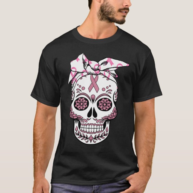 Skull Pink Ribbon Day Of The Dead Breast Cancer T-Shirt (Front)
