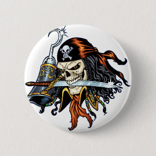 Skull Pirate with Sword and Hook by Al Rio 6 Cm Round Badge