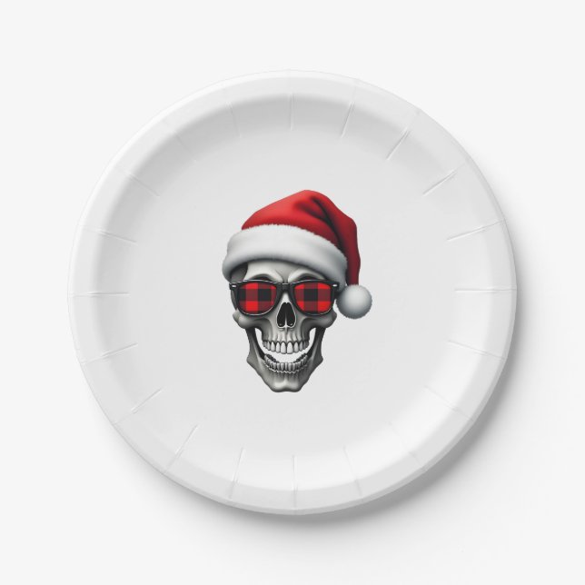 Skull Plaid Santa Hat Christmas Pajama Cool Skelet Paper Plate (Front)