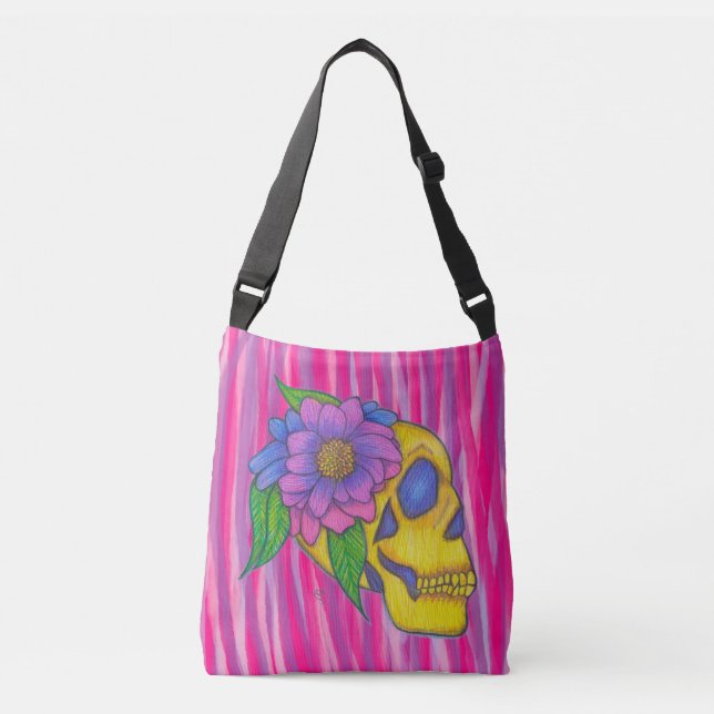Skull Print Crossbody Bag Or Tote Pink and Yellow  (Front)
