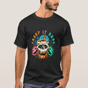 Skull Pumpkin Candle Creep It Real Cool Halloween  T-Shirt