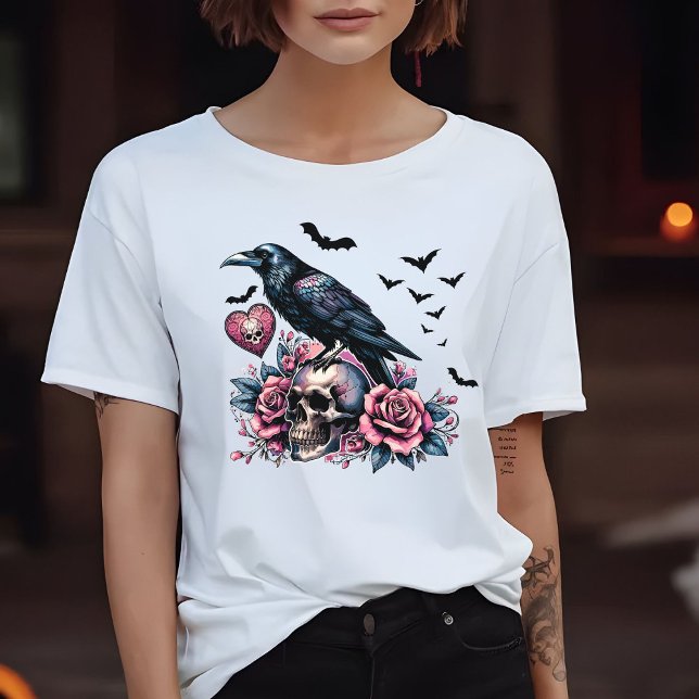Skull & Raven Bats Roses Design Pink  T-Shirt (Creator Uploaded)