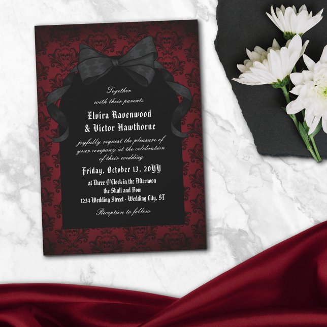 Skull Red Damask Black Bow Goth Wedding Invitation (Creator Uploaded)