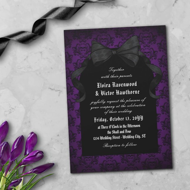 Skull Red Damask Black Bow Goth Wedding Invitation (Creator Uploaded)