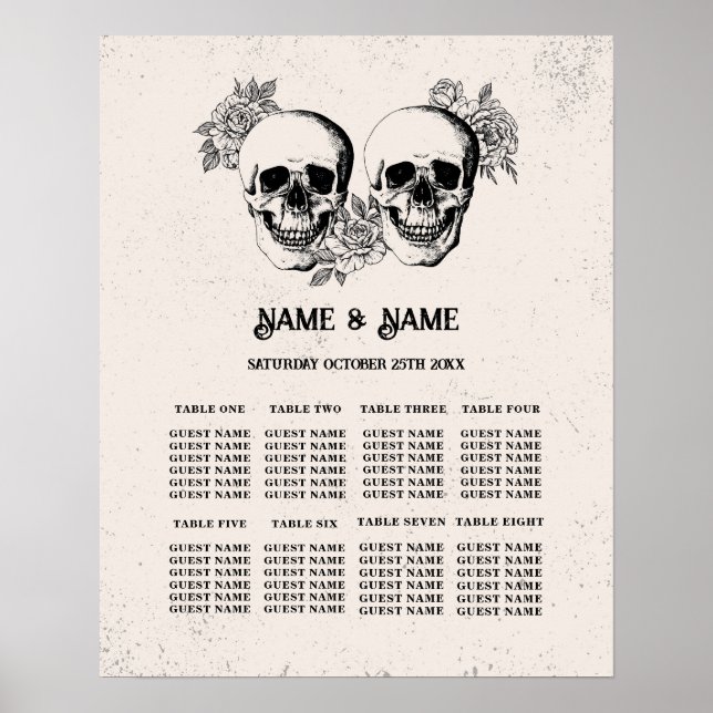 Skull Red Rose 8 Table Plan Wedding Poster Seating (Front)