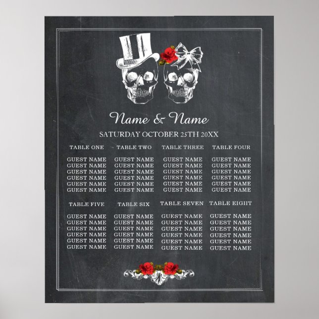 Skull Red Rose 8 Table Plan Wedding Poster Seating (Front)