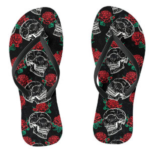 Skull Red Rose   Distressed Modern Gothic Glam Jandals