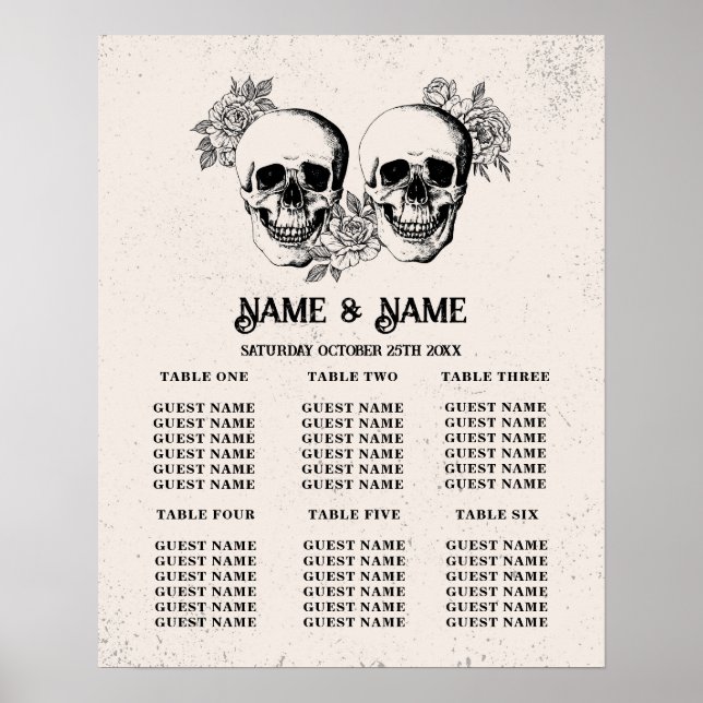 Skull Red Rose Table Plan Wedding Poster Seating (Front)