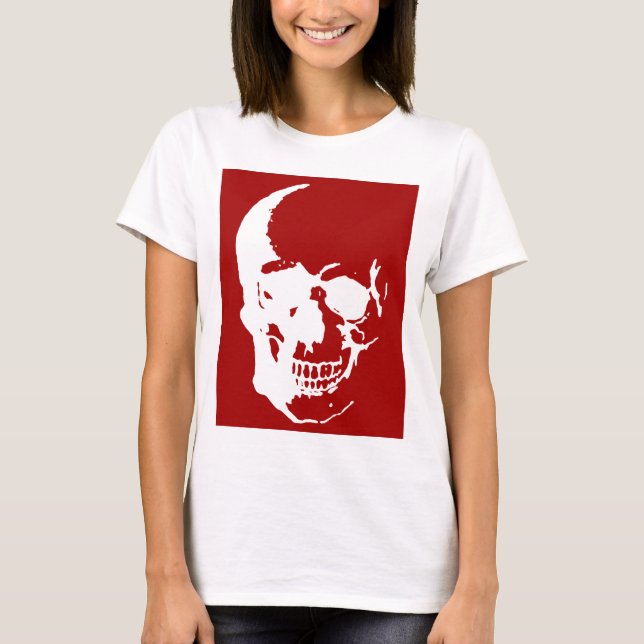 Skull - Red & White Metal Fantasy Art T-Shirt (Front)