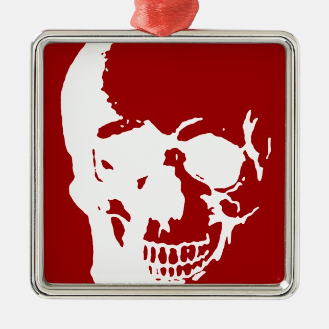 Skull - Red & White Metal Fantasy Art Tree Decoration (Front)