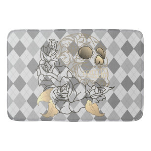 Skull retro argyle yellow grey Bathroom mat