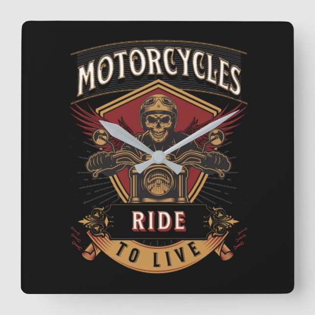 Skull Ride Motorcycles, Ride To Live Square Wall Clock (Front)