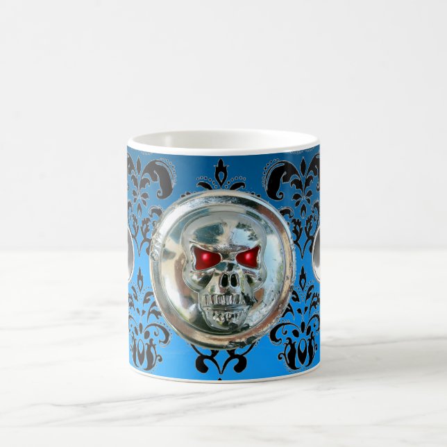 SKULL RIDERS AQUA BLUE BLACK DAMASK COFFEE MUG (Center)