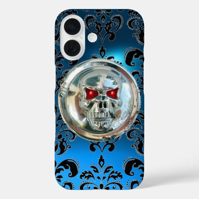 SKULL RIDERS BLACK AQUA BLUE DAMASK GEM Sapphire Case-Mate iPhone Case (Back)