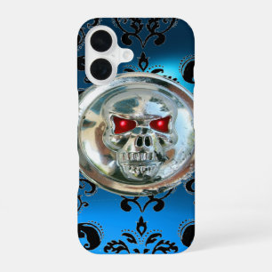 SKULL RIDERS BLACK AQUA BLUE DAMASK GEM Sapphire iPhone 16 Case