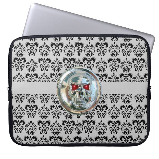 SKULL RIDERS DAMASK grey black Laptop Sleeve (Front)