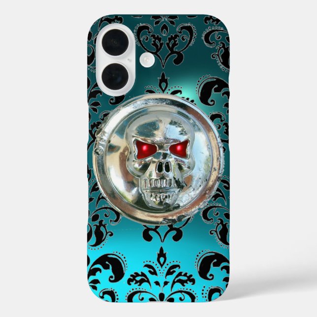 SKULL RIDERS TEAL BLUE DAMASK GEM Aquamarine Case-Mate iPhone Case (Back)