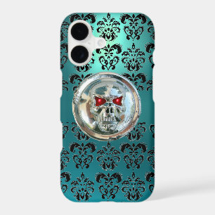 SKULL RIDERS TEAL TURQUOISE BLUE DAMASK red black