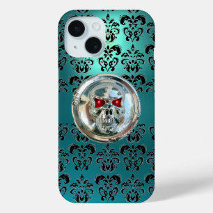 SKULL RIDERS TEAL TURQUOISE BLUE DAMASK red black iPhone 15 Case