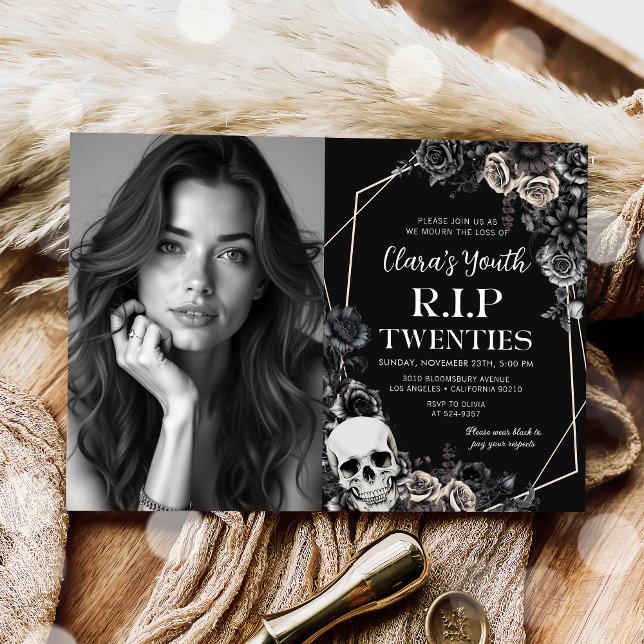 Skull RIP Twenties Floral 30th Birthday Photo Invitation (Creator Uploaded)