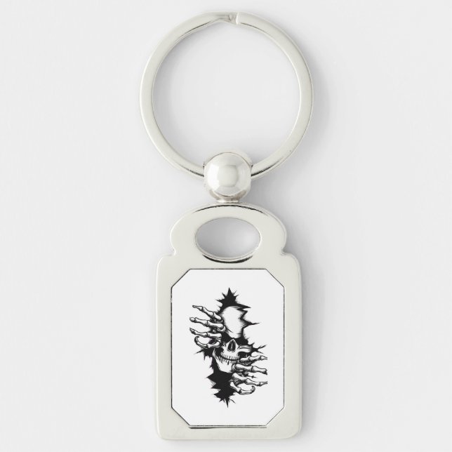 Skull Ripping Through Wall with Skeleton Hands Key Ring (Front)