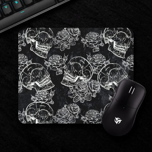 Skull Rose Chalk Funky Black Gothic White Grunge Mouse Pad