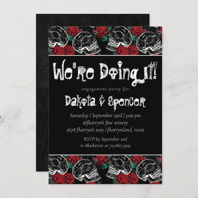 Skull Rose Chalk | Funky Black White Bridal Shower Invitation (Front/Back)