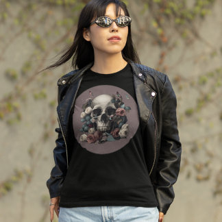 Skull Roses And Butterflies In Textured Mauve T-Shirt
